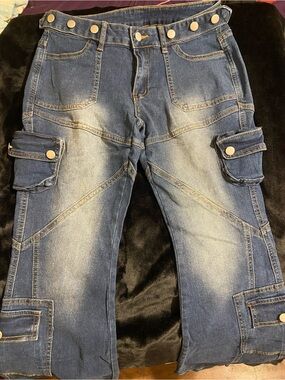 Womans Cargo Denim Pants with Button Details